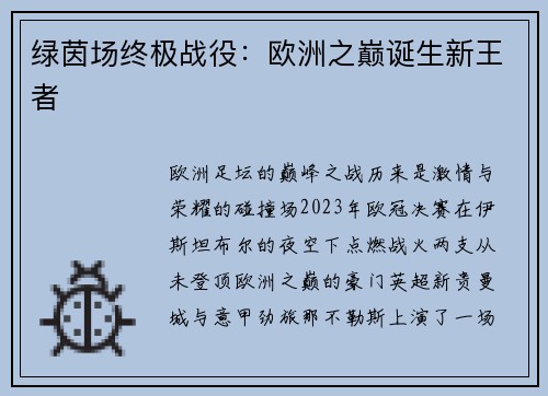 绿茵场终极战役：欧洲之巅诞生新王者