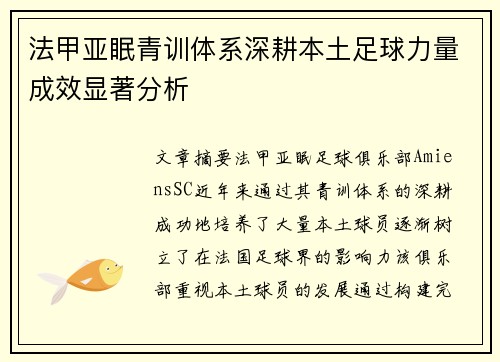 法甲亚眠青训体系深耕本土足球力量成效显著分析