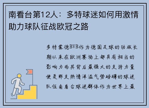 南看台第12人：多特球迷如何用激情助力球队征战欧冠之路
