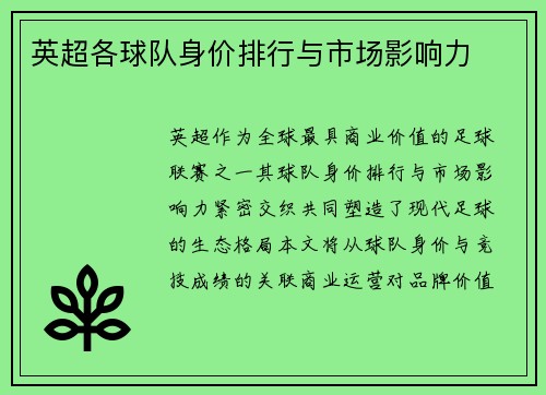 英超各球队身价排行与市场影响力