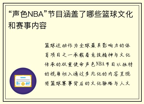 “声色NBA”节目涵盖了哪些篮球文化和赛事内容